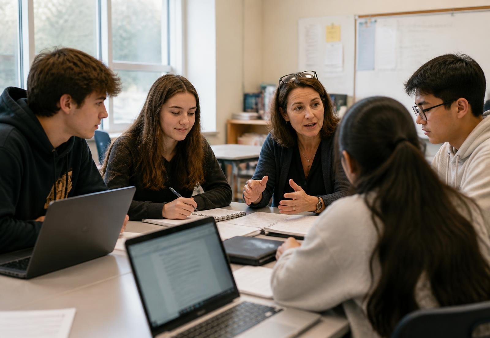 Students and a teacher discussing their work together around a classroom table with open laptops